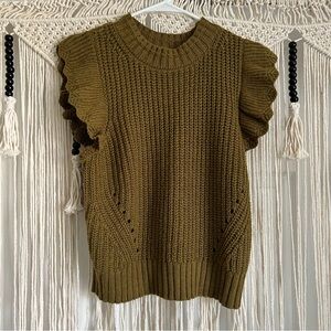 Olive ruffled capped sleeve sweater